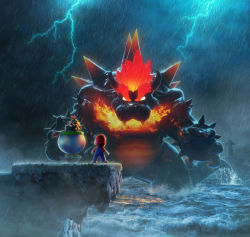 Rule 34 | 3boys, 3d, absurdres, armlet, artist request, backlighting, bandana, blank eyes, bowser, bowser jr., bracelet, breath weapon, breathing fire, brown footwear, brown hair, claws, clenched hands, cloud, cloudy sky, electricity, fangs, fire, from behind, full body, fury bowser, giant, giant monster, gloves, glowing, glowing eyes, grass, hand up, hat, highres, holding, holding paintbrush, horns, ivy, jewelry, kaijuu, lake, lighthouse, lightning, long sleeves, looking at viewer, male focus, mario, mario (series), monster, multiple boys, nintendo, ocean, official art, open mouth, outdoors, overalls, paintbrush, partially submerged, rain, red hair, red headwear, red shirt, shirt, shoes, short hair, sky, spiked armlet, spiked bracelet, spiked shell, spikes, standing, storm, super mario 3d world, thick eyebrows, topknot, v-shaped eyebrows, wading, water, white eyes, white gloves