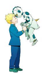 Rule 34 | 1boy, blonde hair, clenched hands, echoes (stand), echoes act3, closed eyes, forehead-to-forehead, from side, full body, gakuran, heads together, hirose koichi, jojo no kimyou na bouken, male focus, mikey uo, revision, school uniform, smile, stand (jojo)