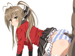 Rule 34 | 10s, 1boy, 1girl, amagi brilliant park, ass, bent over, blush, bow, breasts, brown eyes, brown hair, buttjob, buttjob over clothes, censored, clothed female nude male, cum, cum on ass, cum on clothes, dark-skinned male, dark skin, frown, hair bow, hetero, highres, kekke, large breasts, long hair, medium penis, mosaic censoring, nude, panties, penis, ponytail, sento isuzu, simple background, skirt, striped clothes, striped panties, thighhighs, underwear, uniform, white background, white panties, white thighhighs