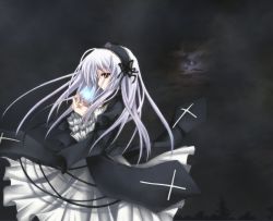 Rule 34 | 00s, 1girl, bad id, bad pixiv id, black dress, dress, expressionless, frills, from side, hairband, lolita hairband, long sleeves, profile, purinpurin, red eyes, rozen maiden, silver hair, solo, suigintou, upper body