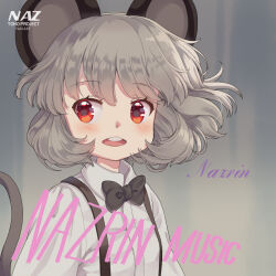 Rule 34 | 1girl, album cover redraw, animal ears, black bow, black bowtie, blush, bow, bowtie, character name, commentary request, cosplay, derivative work, grey background, grey hair, iris anemone, long sleeves, mouse ears, mouse girl, mouse tail, muted color, nazrin, open mouth, parody, red eyes, shirt, short hair, solo, suspenders, sweetest music, tail, takeuchi mariya, takeuchi mariya (cosplay), touhou, upper body, white shirt