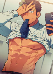 Rule 34 | 1boy, abs, bara, bathroom, belt, blue necktie, blush, clothes lift, collared shirt, dark-skinned male, dark skin, glasses, gradient hair, hand over eye, highres, kiri futoshi, large pectorals, long sideburns, male focus, mouth hold, multicolored hair, muscular, muscular male, navel, necktie, necktie in mouth, nipples, original, pectorals, photo background, salaryman, selfie, shirt, shirt lift, short hair, sideburns, solo, stomach, sweatdrop, thick eyebrows, underpec, v, white shirt