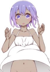 Rule 34 | 1girl, :o, alternate costume, bare shoulders, blush, collarbone, dark-skinned female, dark skin, dress, embarrassed, fate/grand order, fate (series), flat chest, groin, hands up, hassan of serenity (fate), i.u.y, navel, no panties, open mouth, out-of-frame censoring, purple eyes, purple hair, short hair, simple background, sleeveless, sleeveless dress, solo, stomach, sundress, tareme, upper body, white background, white dress, wind, wind lift