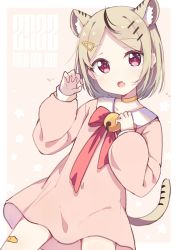 Rule 34 | 2022, :o, absurdres, animal ear fluff, animal ears, bandaid, bandaid on leg, bell, black hair, blush, bow, brown choker, brown hair, chinese zodiac, choker, claw pose, collared dress, commentary request, dress, fang, hair ornament, hairclip, happy new year, highres, jingle bell, long sleeves, multicolored hair, new year, okota mikan, open mouth, original, parted bangs, pink dress, puffy long sleeves, puffy sleeves, red bow, red eyes, sleeves past wrists, solo, streaked hair, tail, tiger ears, tiger girl, tiger tail, year of the tiger