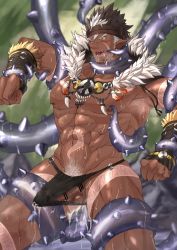 Rule 34 | 1boy, abs, aftersex, arm tattoo, bar censor, bara, beard, bellsaltr, brown hair, bulge, censored, cum, cum in ass, dark-skinned male, dark skin, facial hair, headband, highres, jewelry, large pectorals, long sideburns, male focus, muscular, navel, necklace, nipples, pectorals, pointy ears, revealing clothes, sideburns, solo, spiked hair, stomach tattoo, tangaroa (housamo), tattoo, tentacles, tentacles on male, thick thighs, thighs, tokyo houkago summoners, toned, toned male, topless male, upper body, white hair, yellow eyes