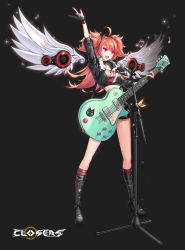 Rule 34 | 1girl, :d, \m/, ahoge, angel wings, arm up, black gloves, black jacket, black shorts, boots, choker, closers, crop top, electric guitar, flat chest, full body, fur trim, gibson les paul, gloves, guitar, highres, holding, instrument, jacket, knee boots, looking away, luna aegis (closers), microphone, microphone stand, midriff, musical note, nail polish, official art, open mouth, platform boots, platform footwear, purple eyes, red hair, short shorts, shorts, smile, solo, standing, strap, thighs, two side up, wings