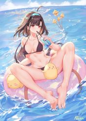 Rule 34 | 1girl, ahoge, artist name, atdan, azur lane, bare legs, barefoot, bikini, bird, black bikini, blue sky, breasts, brown hair, chick, cleavage, cloud, collarbone, commentary, cup, day, disposable cup, dress shirt, drinking straw, feet, hairband, halterneck, highres, holding, holding cup, horizon, independence (azur lane), innertube, large breasts, long hair, looking at viewer, low ponytail, manjuu (azur lane), ocean, outdoors, partially unbuttoned, red eyes, see-through, shirt, sidelocks, sky, slit pupils, solo, swim ring, swimsuit, thighs, very long hair, water, wet