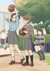 Rule 34 | :&gt;, ^ ^, absurdres, arms up, bag, ball, basketball (object), black socks, blue shirt, blush, brown cardigan, brown eyes, brown hair, bush, cardigan, chain-link fence, closed eyes, closed mouth, collared shirt, commentary, day, fence, grass, hair ornament, hairclip, hands up, highres, holding, holding bag, holding ball, kojiro337, light brown hair, long hair, looking at viewer, mary janes, multiple girls, open mouth, original, outdoors, parted lips, pleated skirt, ponytail, red shorts, school uniform, shirt, shoes, short hair, shorts, sidelocks, sitting, skirt, smile, socks, standing, t-shirt, teeth, tree, white socks