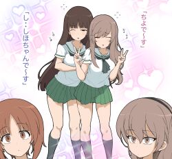 Rule 34 | 4girls, black headband, blank stare, blunt bangs, brown eyes, brown hair, chestnut mouth, closed mouth, commentary, dot mouth, double v, girls und panzer, green neckerchief, green skirt, hair between eyes, headband, heart, heart background, henyaan (oreizm), highres, leaning on person, light brown hair, long hair, multiple girls, neckerchief, nishizumi miho, nishizumi shiho, one eye closed, ooarai school uniform, parted bangs, pleated skirt, sailor collar, school uniform, serafuku, shimada arisu, shimada chiyo, short hair, skirt, sparkle background, speech bubble, straight hair, surprised, triangle mouth, v, white sailor collar, wide-eyed