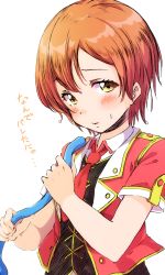 Rule 34 | 1girl, blush, bokura no live kimi to no life, highres, holding, holding hose, hose, hoshizora rin, jacket, looking at viewer, love live!, love live! school idol project, necktie, orange hair, red jacket, red necktie, sen (sen0910), short hair, short sleeves, simple background, solo, translation request, upper body, wet, wet hair, white background, yellow eyes