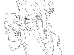 Rule 34 | 10s, 1girl, alcohol, bad id, bad twitter id, beer, beer can, blush, can, drink can, drunk, eyepatch, fingerless gloves, gloves, greyscale, grin, kantai collection, lineart, monochrome, necktie, ookubo menma, orion beer, personification, sharp teeth, simple background, smile, solo, sweater, teeth, tenryuu (kancolle)