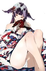 Rule 34 | 1girl, animal ears, bare legs, breasts, cleavage, commentary request, ears down, feet out of frame, folding fan, fox ears, gloves, hand fan, head tilt, highres, japanese clothes, kimono, large breasts, long hair, multicolored clothes, multicolored kimono, off shoulder, original, panties, purple hair, red eyes, shunsei (muratou), simple background, sketch, smile, solo, underwear, white background, white gloves, white panties