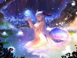 Rule 34 | 1girl, absurdres, alternate hairstyle, blue hair, blue lizz penguin, breasts, completely nude, flower, forest, ganyu (genshin impact), genshin impact, hair down, half-closed eyes, highres, horns, kneeling, lily (flower), lily pad, long hair, looking at viewer, nature, navel, night, nude, outdoors, partially submerged, pointy ears, solo, tree, very long hair, wet