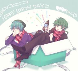 Rule 34 | 2boys, :d, aqua eyes, aqua hair, beanie, black jacket, black pants, black suit, blush, box, brown footwear, closed eyes, closed mouth, dress pants, formal, fringe trim, green hair, green headwear, hand on own chin, happy birthday, hat, heart, hiyori sou, in box, in container, jacket, kimi ga shine, layered sleeves, long sleeves, looking at viewer, low ponytail, lying, male focus, midori (kimi ga shine), multiple boys, on back, on stomach, open mouth, oxfords, pants, party popper, polka dot, polka dot scarf, purple jacket, red scarf, scarf, short hair, smile, suit, suit jacket, unmoving pattern, uououoon