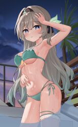 Rule 34 | 1girl, alternate costume, arm up, armpits, bare shoulders, bikini, black headband, breasts, cowboy shot, firefly (honkai: star rail), green bikini, grey hair, headband, highres, honkai: star rail, honkai (series), large breasts, long hair, multi-strapped bikini bottom, namoho82, navel, night, night sky, parted lips, partially submerged, sky, solo, stomach, swimsuit, thigh strap, thighs, two-tone eyes, underboob, wet