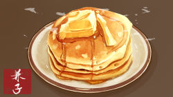 Rule 34 | brown background, butter, food, food focus, highres, kaneko ryou, no humans, original, pancake, pancake stack, plate, steam