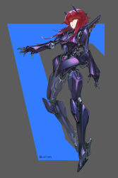 Rule 34 | 1girl, arm at side, blue background, breasts, commentary request, full body, grey background, high heels, highres, joints, medium breasts, original, reaching, red eyes, red hair, robot girl, robot joints, science fiction, short hair with long locks, solo, two-tone background, ushas