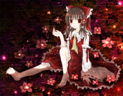 Rule 34 | 1girl, arm support, bad anatomy, barefoot, bow, detached sleeves, female focus, flower, hair bow, hakurei reimu, kasuga sunao, looking at viewer, nail polish, poorly drawn, red nails, ribbon, sidelocks, sitting, solo, touhou, water