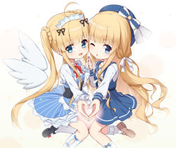 Rule 34 | 2girls, :d, ;o, ahoge, beret, black footwear, blonde hair, blue dress, blue eyes, blue headwear, blush, bobby socks, bow, braid, brown background, brown footwear, collared shirt, copyright request, detached wings, dress, hair bow, hand up, hat, heart, heart hands, heart hands duo, kneehighs, long hair, long sleeves, mary janes, multiple girls, one eye closed, open mouth, outstretched arm, parted lips, puffy long sleeves, puffy sleeves, shirt, shoes, sleeveless, sleeveless dress, sleeves past wrists, smile, socks, striped, twintails, vertical stripes, very long hair, virtual youtuber, white bow, white legwear, white shirt, white wings, wings, yuxian youka