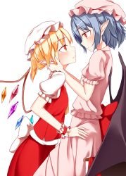 Rule 34 | 2girls, bat wings, blonde hair, blue hair, blush, eye contact, flandre scarlet, from side, hat, incest, leaning forward, looking at another, mob cap, multiple girls, pink hat, pointy ears, pspmaru, puffy short sleeves, puffy sleeves, red eyes, red skirt, remilia scarlet, short sleeves, siblings, simple background, sisters, skirt, skirt set, touhou, vest, white background, white hat, wings, wrist cuffs