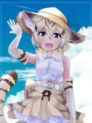 Rule 34 | 1girl, :d, absurdres, amemiya neru, animal ear fluff, animal ears, bare shoulders, belt, blue sky, cat ears, cat tail, cloud, day, elbow gloves, extra ears, fangs, gloves, green eyes, hair between eyes, hand up, hat, highres, kemono friends, looking at viewer, multicolored hair, open mouth, outdoors, petticoat, print gloves, print neckwear, print skirt, sand cat (kemono friends), sand cat print, shirt, short hair, skirt, sky, sleeveless, sleeveless shirt, smile, solo, straw hat, tail, white hair, white shirt
