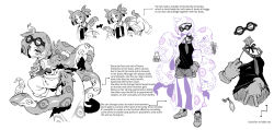 Rule 34 | 1girl, bags under eyes, beaker, character sheet, condom, english text, evil smile, female focus, ghatanothoa (kaiju girls), goggles, goggles on head, greyscale, grin, hatching, hatching (texture), highres, invisible, kaiju girls, karasu raven, lab coat, linear hatching, monochrome, monster girl, mouth hold, necktie, pulled by self, second-party source, short shorts, shorts, sleeves past wrists, smile, solo, spot color, suction cups, tentacle hair, tentacles, used condom