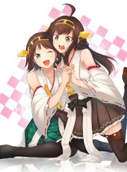 Rule 34 | 10s, 2015, 2girls, ahoge, blue eyes, brown hair, dated, gradient background, hairband, hand grab, hiei (kancolle), highres, holding hands, imoden, interlocked fingers, japanese clothes, kantai collection, kongou (kancolle), long hair, multiple girls, nontraditional miko, one eye closed, short hair, siblings, smile, thighhighs, twitter username