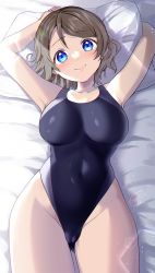Rule 34 | 1girl, absurdres, black one-piece swimsuit, blue eyes, breasts, cameltoe, collarbone, commentary request, competition swimsuit, cowboy shot, gluteal fold, grey hair, highleg, highleg swimsuit, highres, kazepana, light rays, looking at viewer, love live!, love live! sunshine!!, lying, medium breasts, one-piece swimsuit, pillow, short hair, smile, solo, sunbeam, sunlight, swimsuit, watanabe you