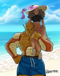 Rule 34 | 1boy, 1girl, abs, absurdres, afro, artist name, artist request, bare legs, beach, big hair, bikini, bikini bottom only, blue sky, bottle, brown hair, carrying, cloud, cloudy sky, curvy, dark-skinned female, dark skin, day, dragon ball, dragon ball super, dragon ball super super hero, earrings, hat, highres, janet (dragon ball), jewelry, large pectorals, looking at viewer, muscular, muscular male, navel, ocean, orange piccolo, pectorals, piccolo, pink bikini, pointy ears, side-tie bikini bottom, sitting, sitting on person, size difference, sky, smile, sun hat, swimsuit, thong bikini, wide hips