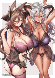 2girls :d animal_ear_fluff animal_ears armpits arms_up ass bare_shoulders black_horns blue_hair breasts brown_hair cleavage closed_eyes commentary_request fediel_(granblue_fantasy) galleon_(granblue_fantasy) granblue_fantasy grey_hair hair_between_eyes highres himuro_shunsuke horns large_breasts lingerie long_hair looking_at_viewer multicolored_hair multiple_girls navel negligee open_mouth panties parted_lips pink_panties pointy_ears purple_eyes purple_panties see-through_clothes simple_background smile standing streaked_hair thighs twitter_username underwear