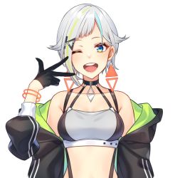 Rule 34 | 1girl, ;d, bangle, bare shoulders, black gloves, black jacket, blue eyes, bracelet, breasts, choker, collarbone, commentary request, crop top, earrings, gloves, grey shirt, hair ornament, hairclip, half gloves, hand up, jacket, jewelry, kitakubu, kitazume kumie, kitazume kumin, long sleeves, looking at viewer, medium breasts, midriff, multicolored hair, off shoulder, one eye closed, open clothes, open jacket, open mouth, shirt, short hair, silver hair, single glove, sleeveless, sleeveless shirt, smile, solo, stomach, streaked hair, suspenders, transparent background, upper body, virtual youtuber, w