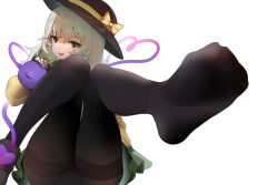 Rule 34 | 1girl, absurdres, ass, black hat, black pantyhose, blouse, bow, crexby, eyeball, feet, foot focus, green eyes, green skirt, hat, hat bow, hat ribbon, heart, heart of string, highres, knees up, komeiji koishi, light green hair, long sleeves, looking at viewer, medium hair, no shoes, open mouth, pantyhose, ribbon, shirt, simple background, sitting, skirt, soles, solo, third eye, toes, touhou, wavy hair, white background, wide sleeves, yellow bow, yellow ribbon, yellow shirt
