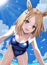 Rule 34 | 1girl, absurdres, all fours, animal ears, blonde hair, blue one-piece swimsuit, blue sky, breasts, cloud, competition school swimsuit, covered navel, crown, day, ear covers, highres, horse ears, horse girl, horse tail, looking at viewer, medium breasts, mini crown, narita top road (umamusume), one-piece swimsuit, outdoors, purple eyes, school swimsuit, short hair, single ear cover, sky, solo, swimsuit, tail, tsukiyuki mike, umamusume