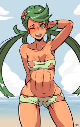 Rule 34 | 1girl, armpits, arms up, bare arms, bare shoulders, beach, blush, breasts, cameltoe, cloud, collarbone, cowboy shot, creatures (company), dark-skinned female, dark skin, day, female focus, game freak, gluteal fold, green eyes, green hair, green one-piece swimsuit, hair ornament, highres, long hair, looking at viewer, mallow (pokemon), matching hair/eyes, medium breasts, midriff, navel, nintendo, ocean, one-piece swimsuit, one eye closed, open mouth, outdoors, pokemon, pokemon sm, shiny skin, short shorts, shorts, smile, solo, strapless, swimsuit, teeth, twintails, verymediocre