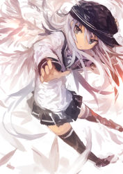 Rule 34 | 1girl, absurdres, angel wings, black hat, black sailor collar, black skirt, black thighhighs, blue eyes, commentary request, feathers, flat cap, hair between eyes, hat, hibiki (kancolle), highres, kaamin (mariarose753), kantai collection, long hair, pleated skirt, sailor collar, school uniform, serafuku, silver hair, simple background, skirt, smile, solo, thighhighs, thought bubble, white background, wings