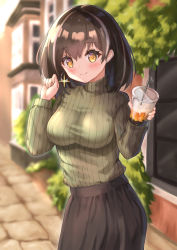Rule 34 | 1girl, arknights, black hair, black skirt, breasts, commentary request, cowboy shot, cup, disposable cup, drinking straw, grey sweater, hair between eyes, hands up, highres, holding, holding cup, large breasts, long sleeves, looking at viewer, magallan (arknights), multicolored hair, outdoors, ribbed sweater, short hair, skirt, smile, solo, standing, streaked hair, sweater, turtleneck, turtleneck sweater, yellow eyes, yuetsu