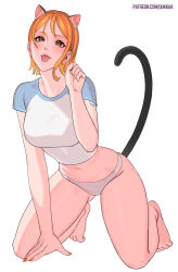 Rule 34 | 1girl, animal ear fluff, animal ears, arm support, bare arms, bare legs, barefoot, blue skirt, blush, breasts, brown eyes, cat ears, cat girl, cat tail, commentary, cropped shirt, earrings, english commentary, extra ears, full body, gluteal fold, hand up, jewelry, kneeling, large breasts, looking at viewer, midriff, nail polish, nami (one piece), navel, one piece, orange hair, orange nails, paid reward available, panties, patreon username, paw pose, shirt, short hair, short sleeves, shoulder tattoo, simple background, single sidelock, skirt, solo, tail, tattoo, tight clothes, tongue, tongue out, two-tone shirt, underwear, uukkaa, white background, white panties, white shirt