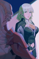 Rule 34 | 2girls, absurdres, alternate hair color, armor, artist request, breasts, byleth (female) (fire emblem), byleth (fire emblem), cape, closed mouth, edelgard von hresvelg, enlightened byleth (female), fire emblem, fire emblem: three houses, fire emblem warriors, fire emblem warriors: three hopes, green eyes, green hair, hair ornament, highres, large breasts, long hair, long sleeves, looking at viewer, medium hair, multiple girls, navel, nintendo, pantyhose, red cape, white hair