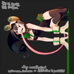 Rule 34 | 10s, 1girl, :&gt;, animal ears, artist request, asui tsuyu, black eyes, boku no hero academia, breasts, cleavage, english text, frog girl, hair rings, leotard, long hair, long tongue, low-tied long hair, playboy bunny, sideways, solo, tongue, translation request, very long tongue