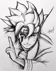 Rule 34 | 1boy, boruto: naruto next generations, commentary, crosshatching, draw with aid, english commentary, facial mark, forehead protector, hatching (texture), highres, making-of available, male focus, marker (medium), monochrome, naruto (series), portrait, signature, sketch, smile, solo, traditional media, uzumaki boruto, video crop, whisker markings