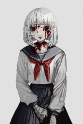 Rule 34 | 1girl, absurdres, bandaged hand, bandages, bandaid, bandaid on hand, black sailor collar, black skirt, blood, blood from mouth, blood on clothes, blood on face, bob cut, bone, clothes grab, collarbone, cropped shirt, cuts, deep wound, dilated pupils, guro, high-waist skirt, highres, injury, long sleeves, looking at viewer, messy hair, neckerchief, numata zombie, original, pleated skirt, red eyes, red neckerchief, sailor collar, school uniform, serafuku, shirt, short hair, skirt, white hair, white shirt, wide-eyed