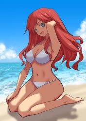 Rule 34 | 1girl, arm behind back, bikini, blue eyes, breasts, cloud, female focus, full body, grey eyes, hand on own knee, highres, large breasts, long hair, looking at viewer, navel, open mouth, outdoors, pink hair, red hair, sitting, sky, smile, solo, somasoutaro, swimsuit, white bikini