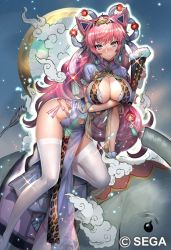 Rule 34 | 1girl, aqua eyes, blush, breast hold, breasts, character request, cheetah print, chinese clothes, cleavage, closed mouth, company name, copyright notice, copyright request, hand fan, headband, hitowa, holding, holding fan, large breasts, long hair, looking at viewer, official art, pink hair, sega, solo, thighhighs