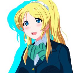 Rule 34 | 1girl, artist name, artist request, ayase eli, black jacket, blonde hair, blue cardigan, blue eyes, blue jacket, blush, bow, bowtie, breasts, cardigan, collared shirt, doki2sdale, female focus, green bow, hair between eyes, hair ornament, hair over shoulder, hair scrunchie, high ponytail, highres, jacket, long hair, long sleeves, looking at viewer, love live!, love live! school idol project, medium breasts, otonokizaka school uniform, parted lips, ponytail, school uniform, scrunchie, shirt, short hair, short sleeves, smile, solo, striped, striped bow, teeth, upper body, white background, white scrunchie, white shirt