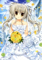 Rule 34 | 00s, 1girl, absurdres, aquarian age, bare shoulders, bouquet, breasts, brown eyes, cleavage, dress, female focus, flower, fujima takuya, gloves, grey hair, hair ribbon, highres, long hair, looking at viewer, outdoors, plant, ribbon, sky, small breasts, smile, solo, star (symbol), strapless, strapless dress, tiara, twintails, veil, wedding dress, white dress, white gloves