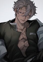 Rule 34 | 1boy, closed mouth, grey hair, hair between eyes, highres, jacket, kimetsu no yaiba, long sleeves, looking at viewer, male focus, pink eyes, scar, scar on chest, scar on face, shinazugawa sanemi, short hair, simple background, solo, white background, zeta (ace 343)