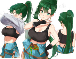 Rule 34 | 1girl, absurdres, back, bare shoulders, black bra, black gloves, blue dress, blush, bra, breasts, cleavage, closed eyes, clothes lift, collarbone, dress, earrings, fingerless gloves, fire emblem, fire emblem: the blazing blade, gloves, green eyes, green hair, high ponytail, highres, jewelry, large breasts, long hair, looking at viewer, lyn (fire emblem), multiple views, nintendo, open clothes, open dress, open mouth, ormille, ponytail, rope, sash, shirt lift, simple background, sports bra, sweat, underwear, white background