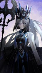 Rule 34 | 1girl, black dress, blue eyes, blue lips, breasts, clothing cutout, commentary request, crown, dress, fate/grand order, fate (series), grey hair, hair between eyes, highres, holding, holding staff, holding weapon, lipstick, long hair, looking at viewer, makeup, medium breasts, morgan le fay (fate), morgan le fay (queen of winter) (fate), outdoors, ponytail, sky, solo, staff, typtypss, veil, very long hair, weapon, wide sleeves