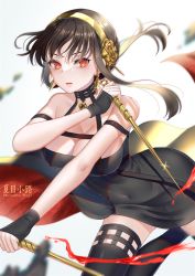 Rule 34 | 1girl, artist name, black dress, black gloves, black hair, black thighhighs, blood, blurry, breasts, closed mouth, commentary request, covered navel, dagger, dashing, dress, dual wielding, earrings, fingerless gloves, floating hair, floral print, flower, glint, gloves, gold earrings, gold hairband, hair flower, hair ornament, hairband, holding, holding dagger, holding knife, holding weapon, jewelry, knife, large breasts, leg up, natsume koji, outstretched arm, red eyes, red lips, reverse grip, rose, rose print, sidelocks, solo, spikes, spy x family, stiletto (weapon), taut clothes, taut dress, thighhighs, two-sided dress, two-sided fabric, v-shaped eyebrows, weapon, yor briar, zettai ryouiki