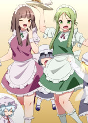 Rule 34 | 5girls, apron, blunt bangs, brown hair, commission, fairy wings, frilled apron, frills, green eyes, green hair, highres, holding, holding plate, jeno, maid, maid headdress, multiple girls, nishida satono, open mouth, parted bangs, plate, puffy short sleeves, puffy sleeves, red eyes, remilia scarlet, short sleeves, sidelocks, skeb commission, smile, socks, teireida mai, touhou, white apron, white socks, wings